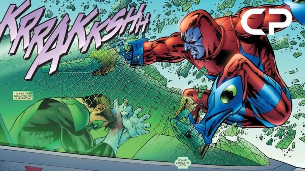 Androide Manhunter ataca um Green Lantern nos quadrinhos