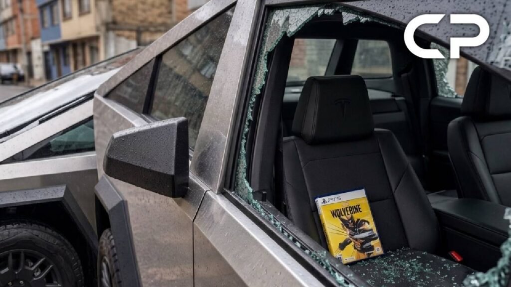 Carro com vidro quebrado e uma cópia de Marvel’s Wolverine deixada no interior