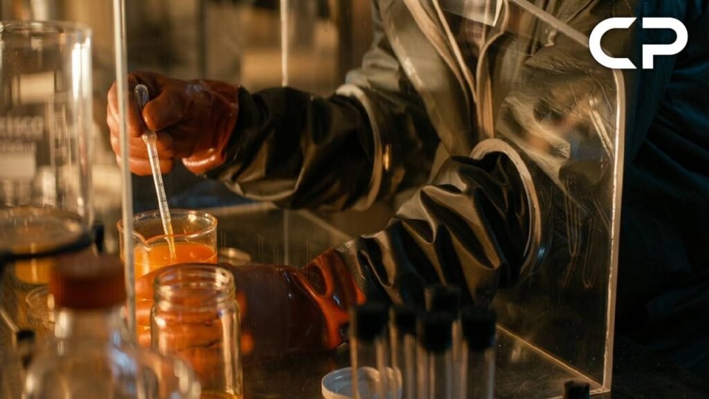 Cientista manipulando um frasco em laboratório