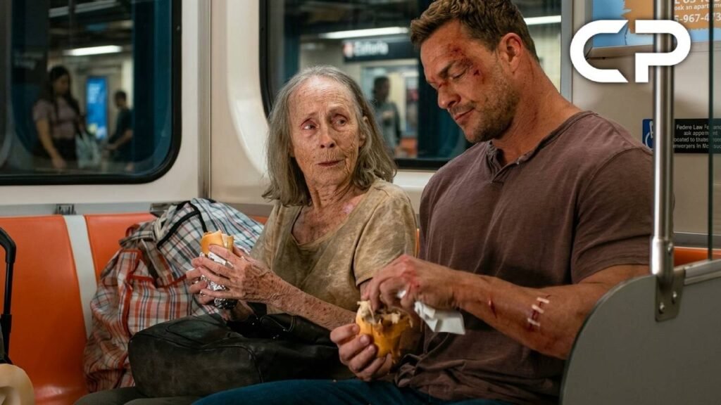 Jack Reacher divide um sanduíche com uma senhora em situação de rua no metrô na 4ª temporada
